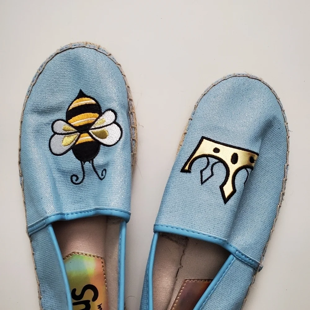 Sam Edelman Sparkly Blue Embroidered Queen Bee Canvas Slip-On Espadrilles
